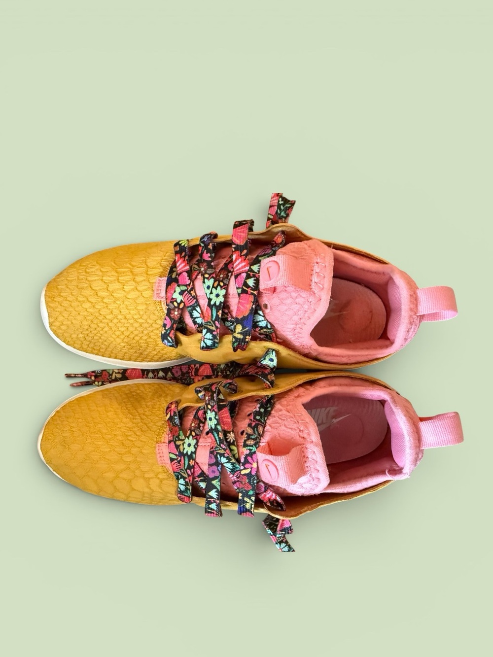 Nike Yellow Sneakers with Pink Collar and Floral Laces - Picture 4 of 11